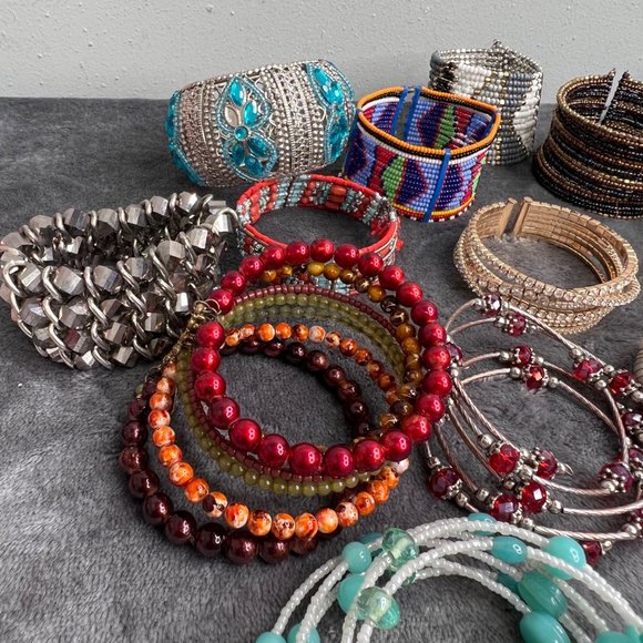 Beaded Bracelet Lot Bangle Cuff Chunky Boho 17 Piece Aztec Rhinestone Stones - Picture 3 of 7